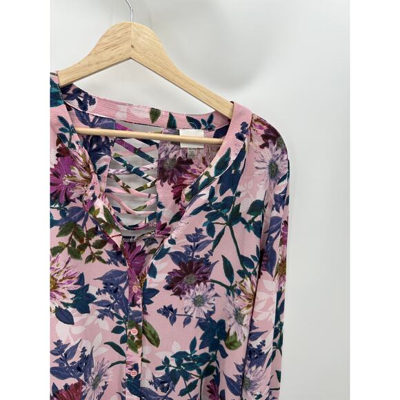 Cupio Purple Floral Long Sleeve V-Neck Caged Back Top Women's Size X-Large XL - Picture 4 of 8